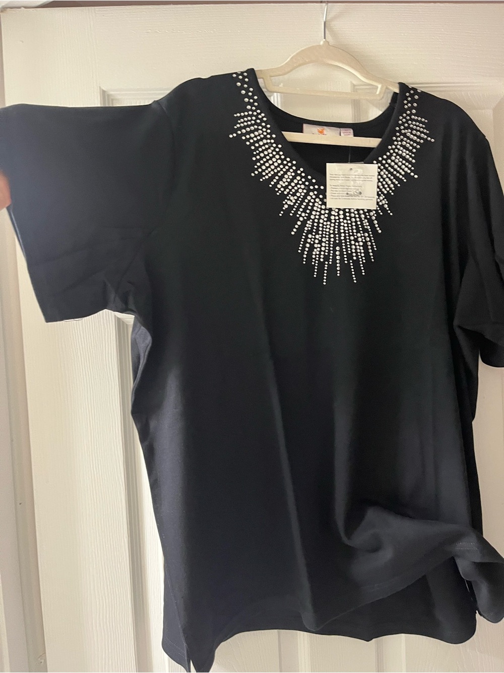 Quacker Factory Black Short Sleeve Tee with Silver Stud Neckline